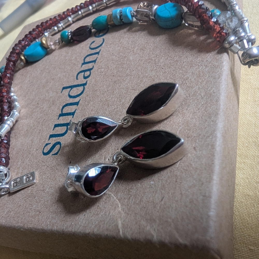 SUNDANCE Sterling Garnet Earrings And Triple Strand Turquoise Garnet Bracelet